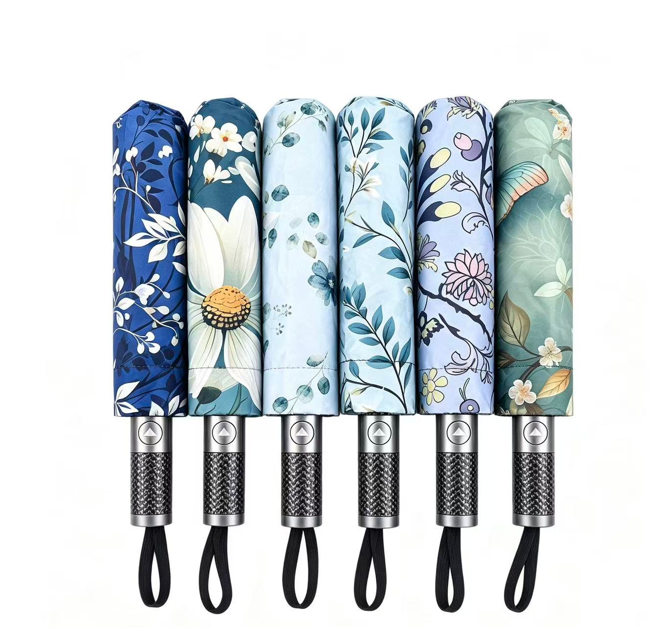 70ad230eba3f5d092bb3f137c6946542 8137 Semi-Automatic 6-Color Digital Water Transfer Printing Umbrella Head with Dense Leaves and Flowers Design Black Coating - Image 1